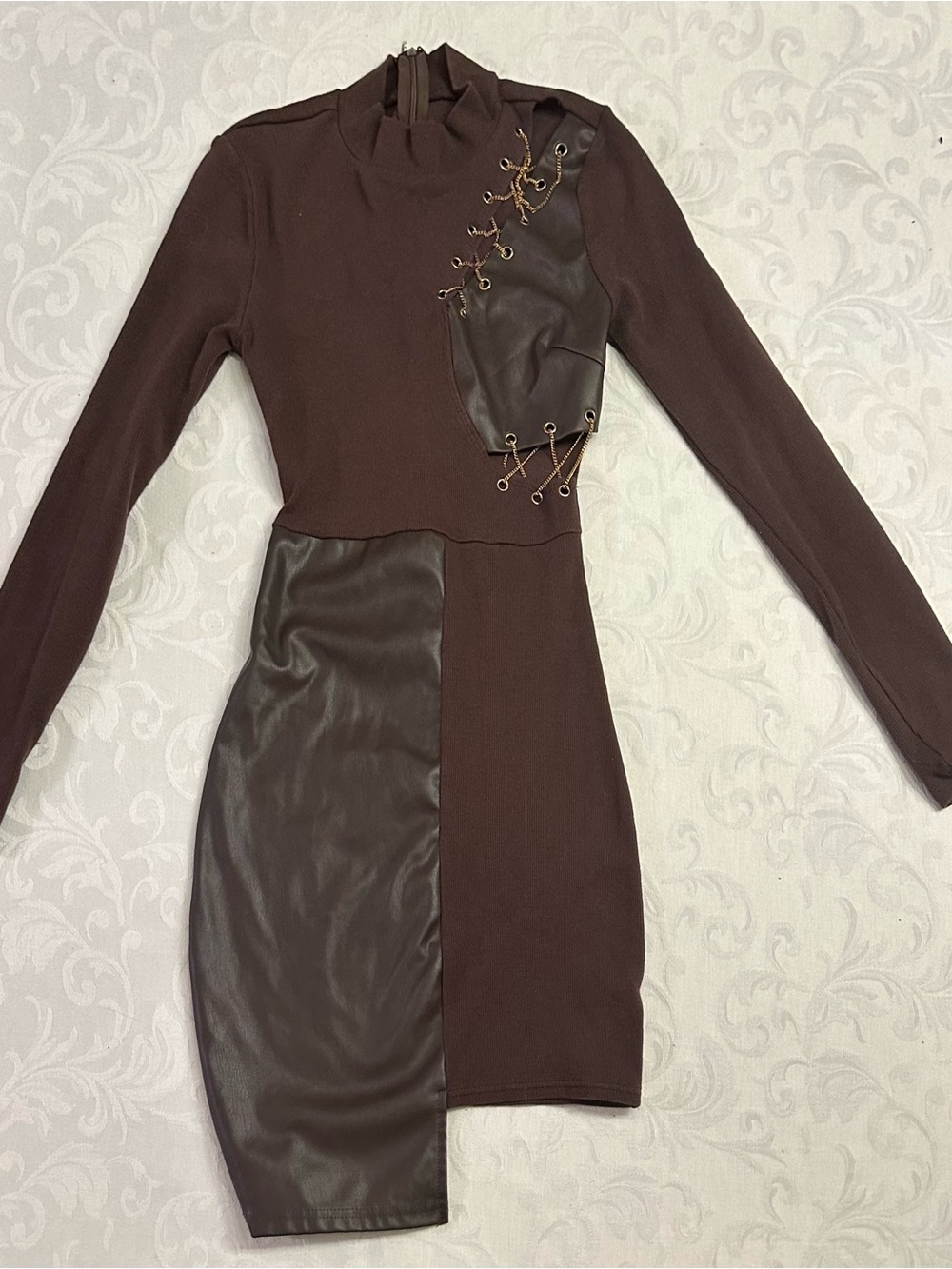 Chocolate Brown Lace-Up Mixed-Material Mini Dress